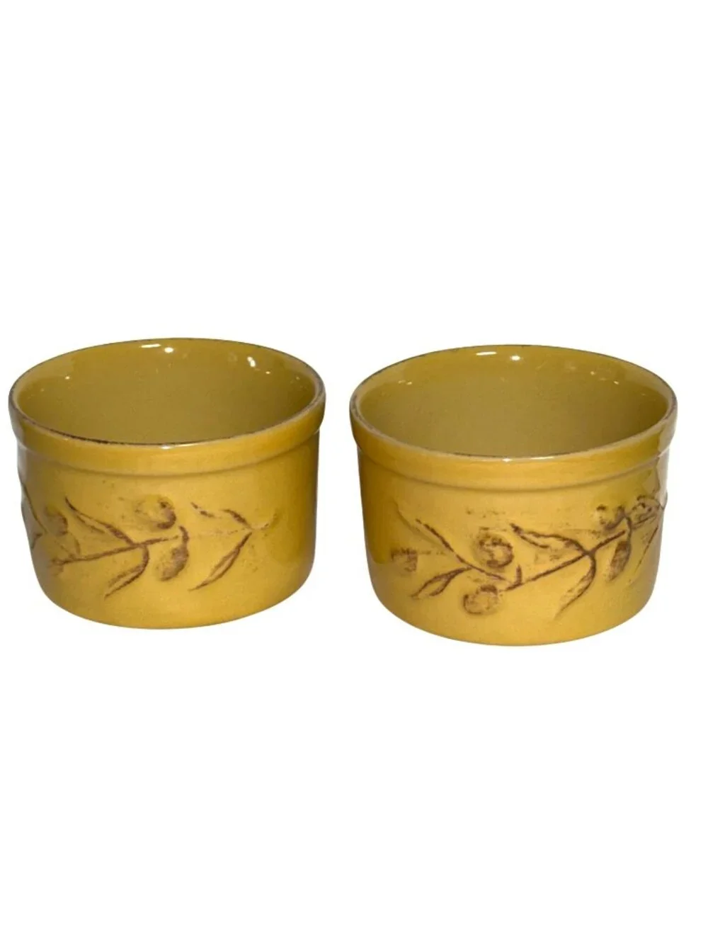 Set Of 2 Mustard Yellow Ceramic Embossed Ramekins By Cerutil Stoneware